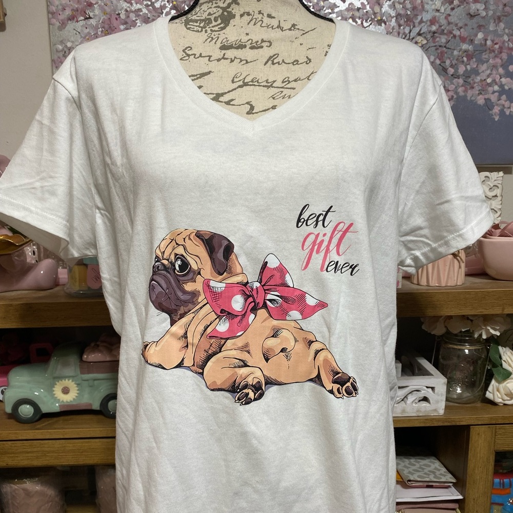 Women's Girl White Adorable Pug Dog Puppy T-Shirt